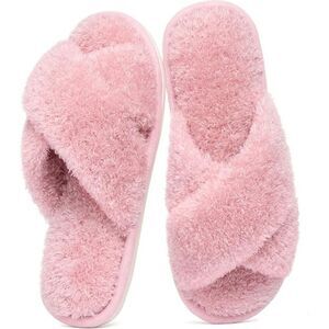 Women's Fuzzy Slippers Cross Band Velvet Pink Memory Foam House Slippers
